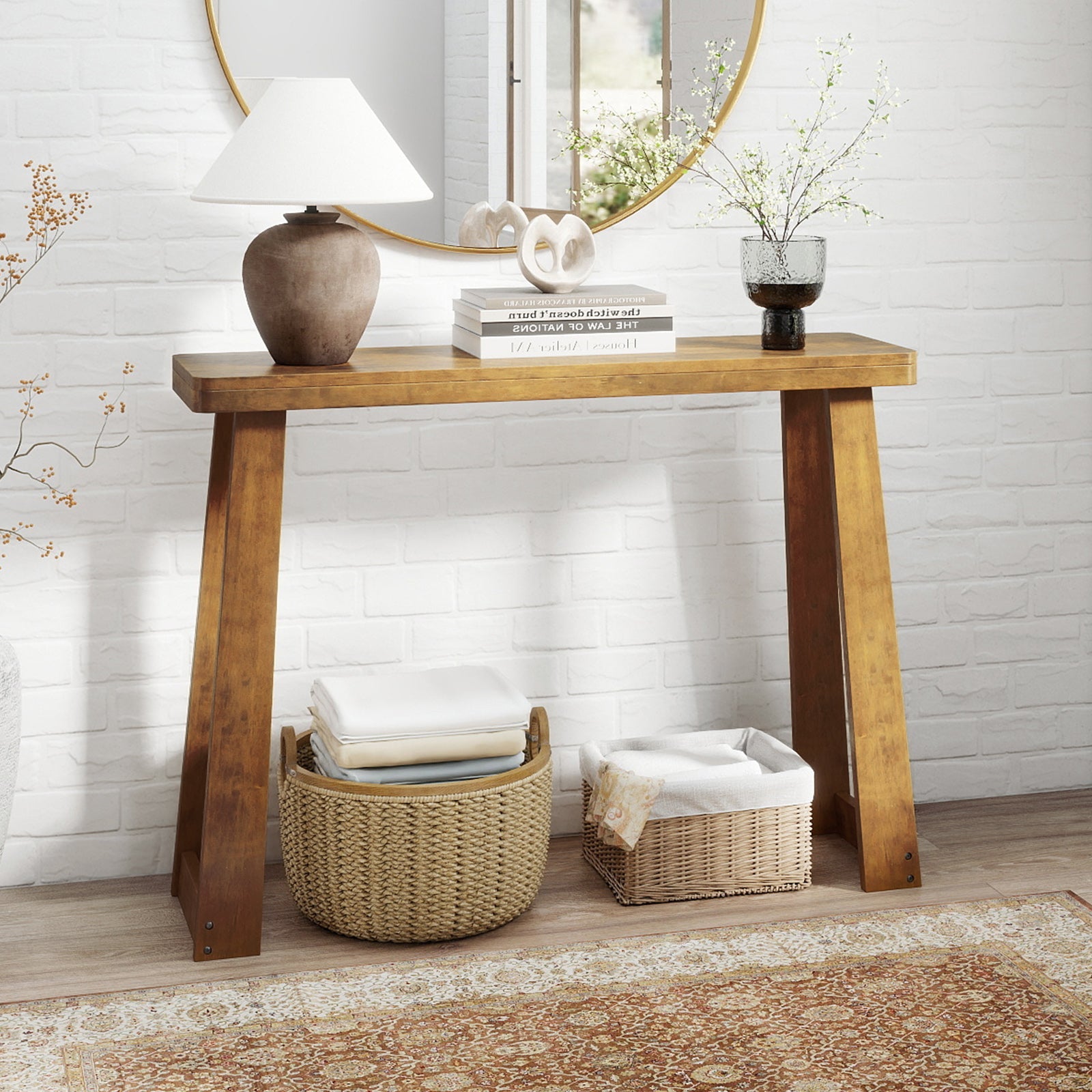 Solid Rubber Wood Console Table 43inch with Thick Tabletop