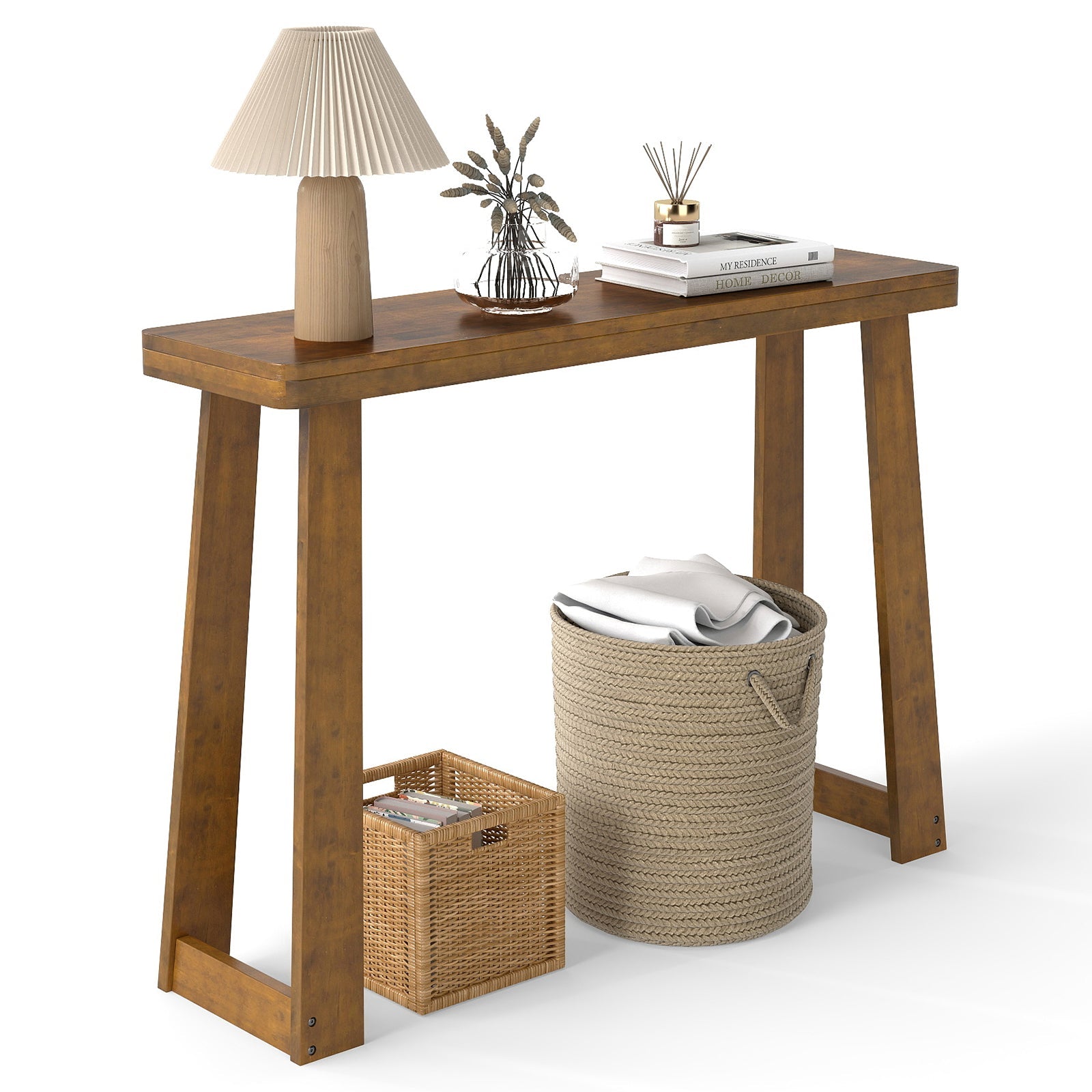 Solid Rubber Wood Console Table 43inch with Thick Tabletop
