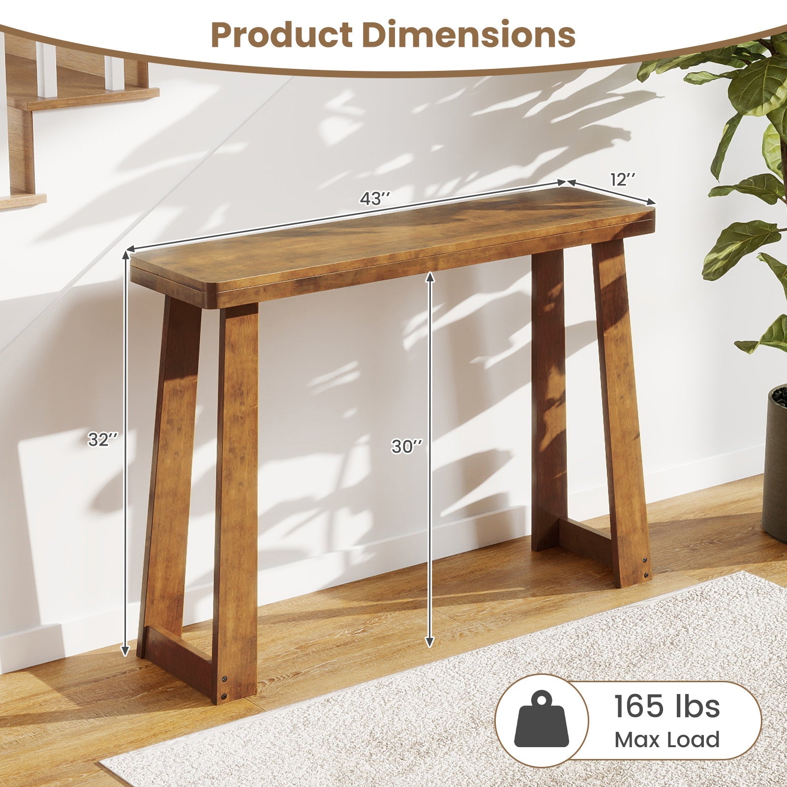 Solid Rubber Wood Console Table 43inch with Thick Tabletop