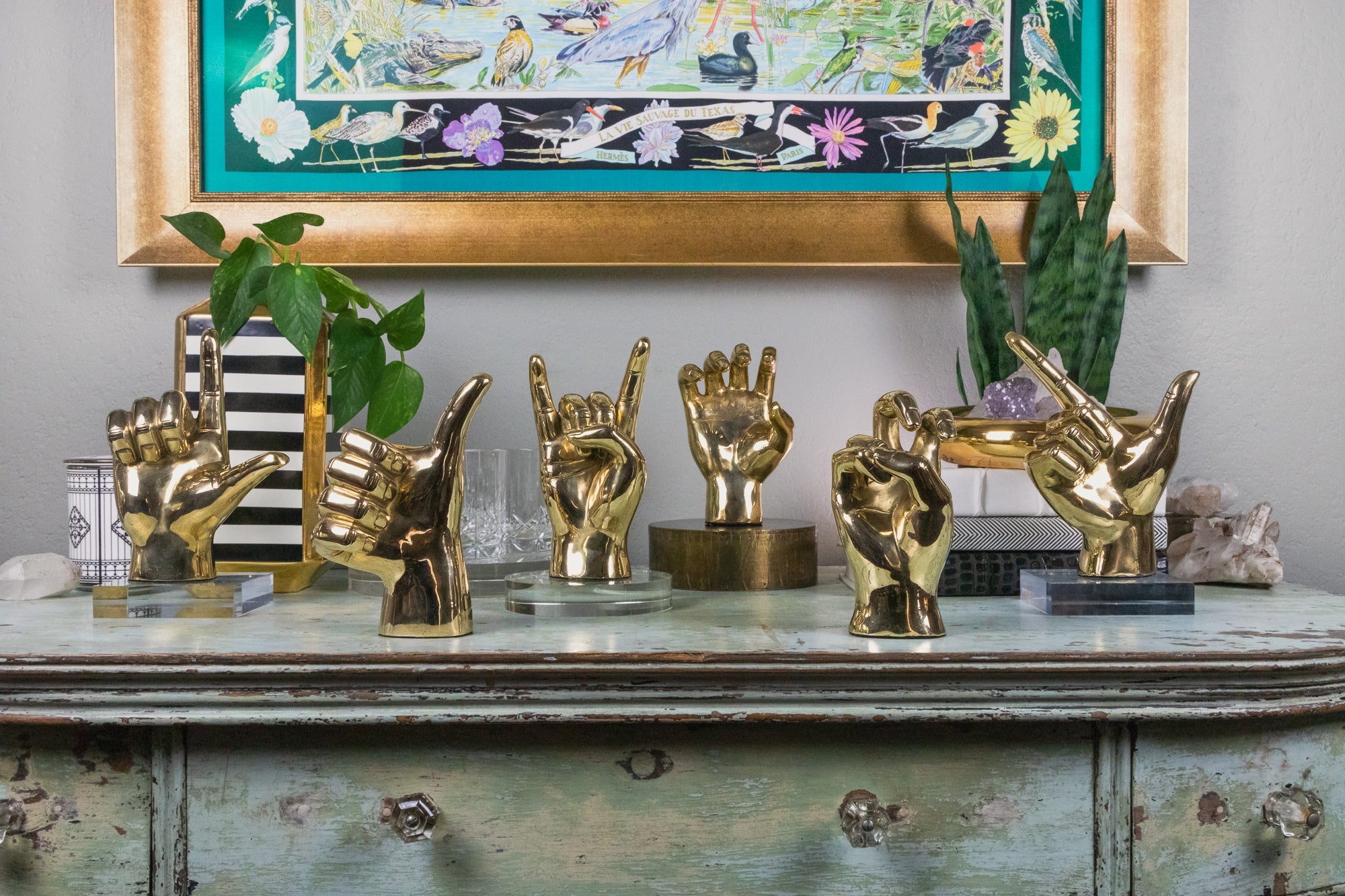 Horns Up or Rock On Hand Sign Sculpture in Brass