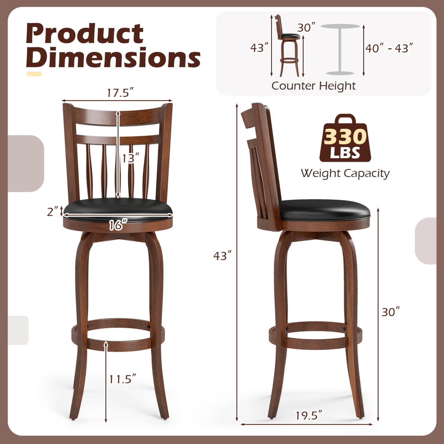 Swivel Bar Stools Set of 2 Counter Height Faux Leather Upholstered Barstools