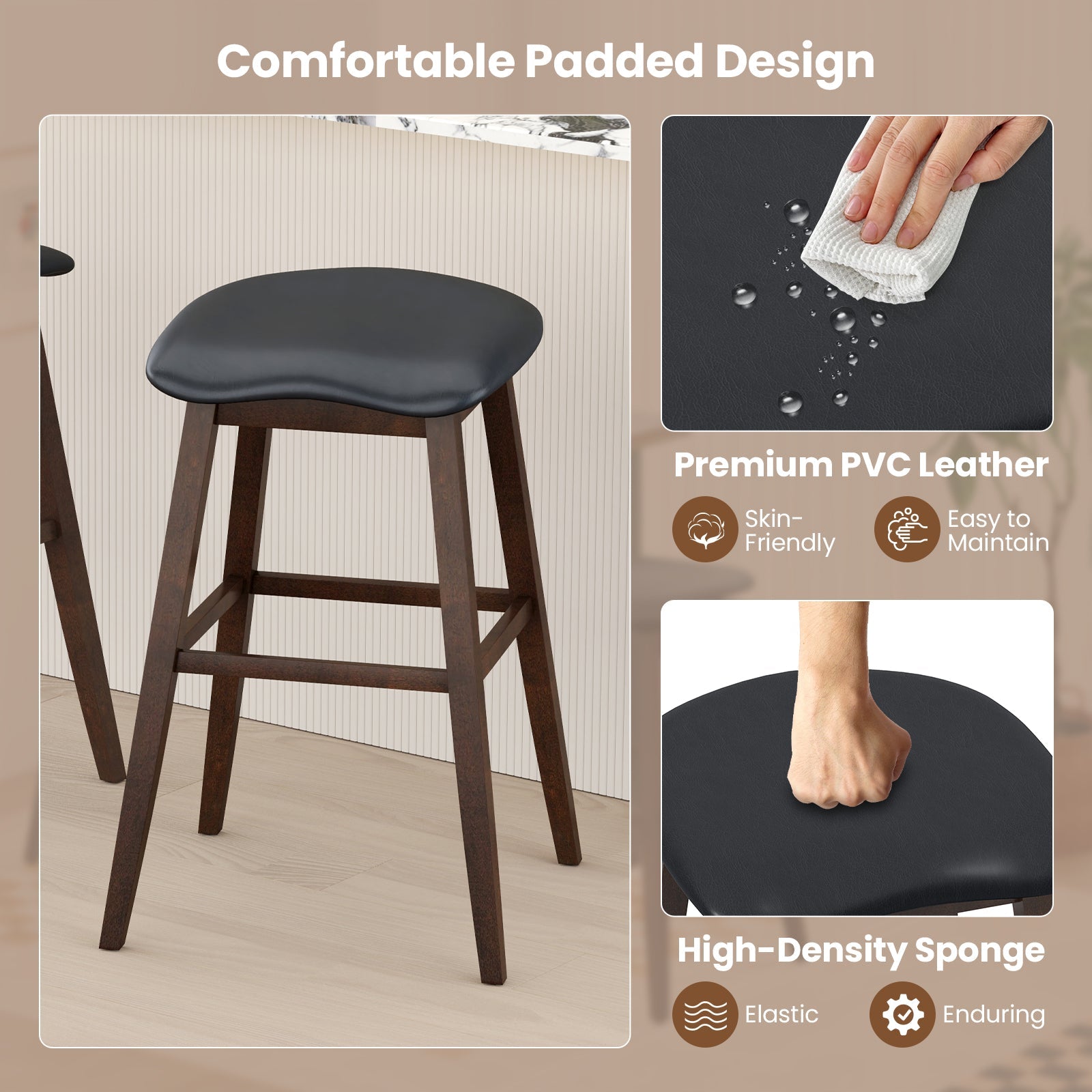 Swivel Bar Stools Set of 2 with Padded Contoured Seat and Footrest-Black & Brown