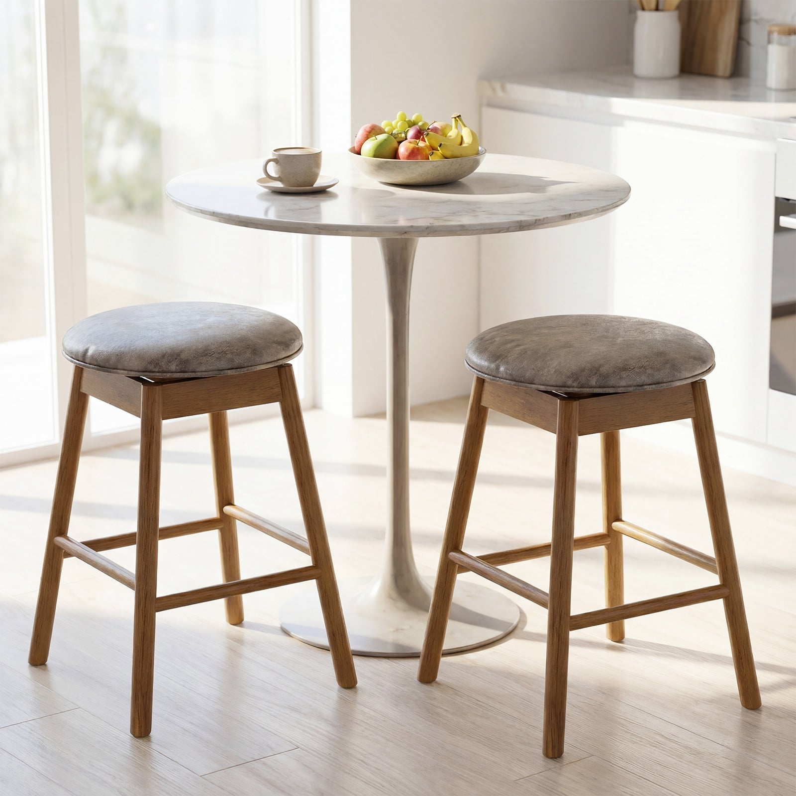Set of 2 - Swivel Counter Height Barstools with Solid Wood Legs and Footrests