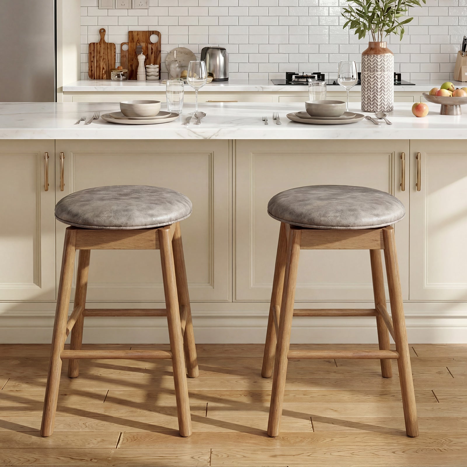 Set of 2 - Swivel Counter Height Barstools with Solid Wood Legs and Footrests