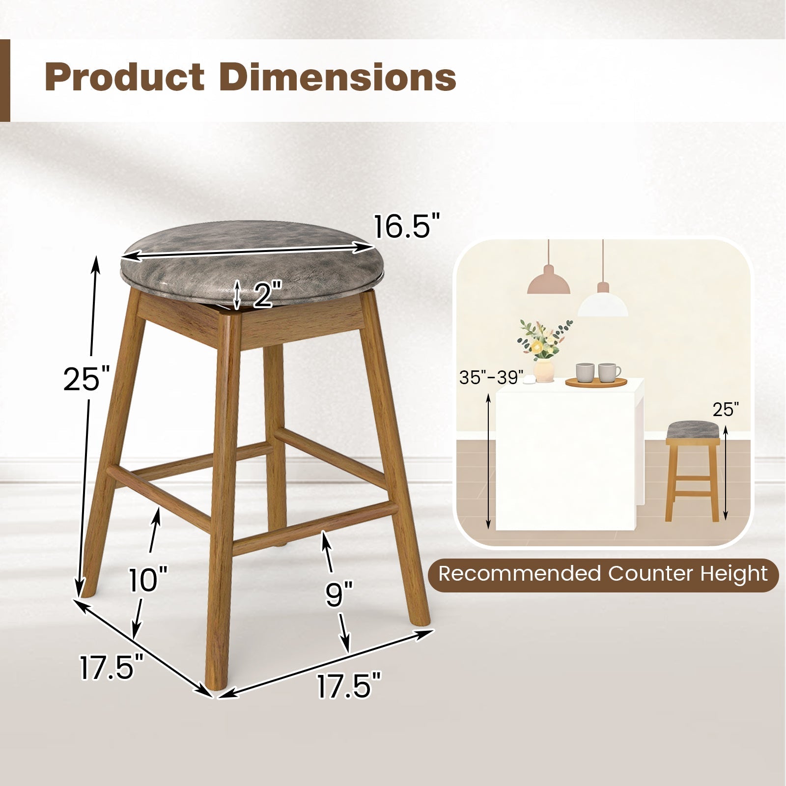 Set of 2 - Swivel Counter Height Barstools with Solid Wood Legs and Footrests