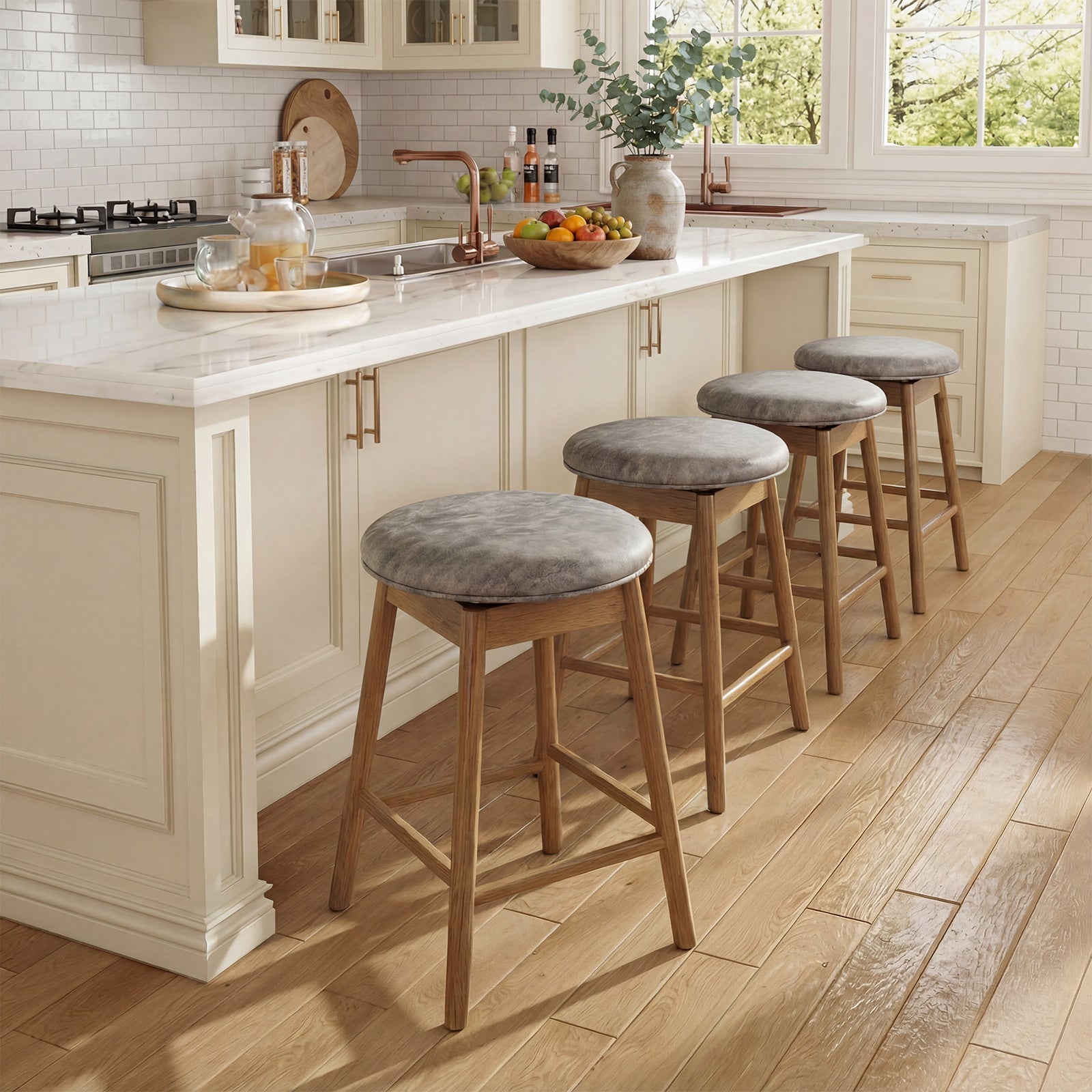 Set of 2 - Swivel Counter Height Barstools with Solid Wood Legs and Footrests