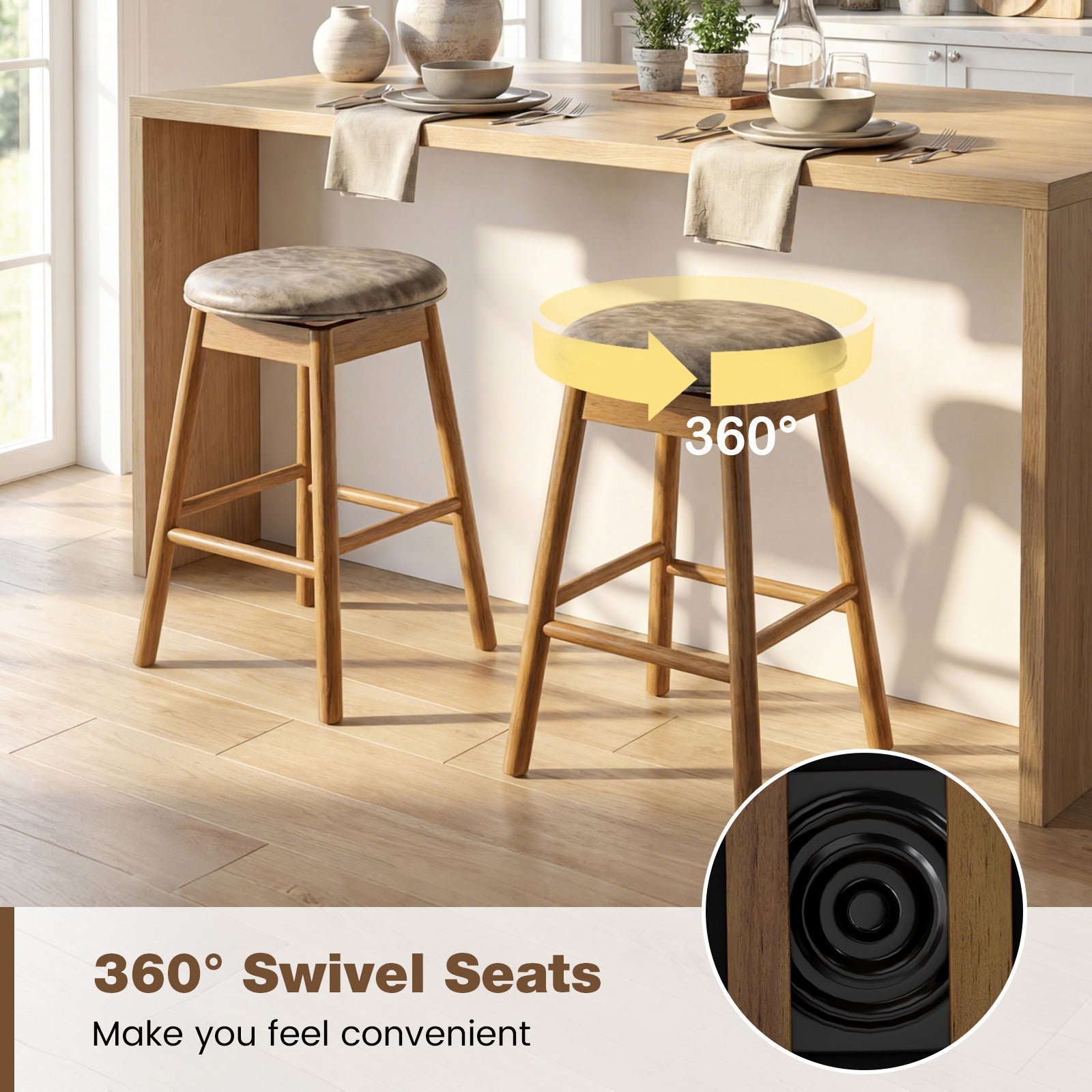 Set of 2 - Swivel Counter Height Barstools with Solid Wood Legs and Footrests