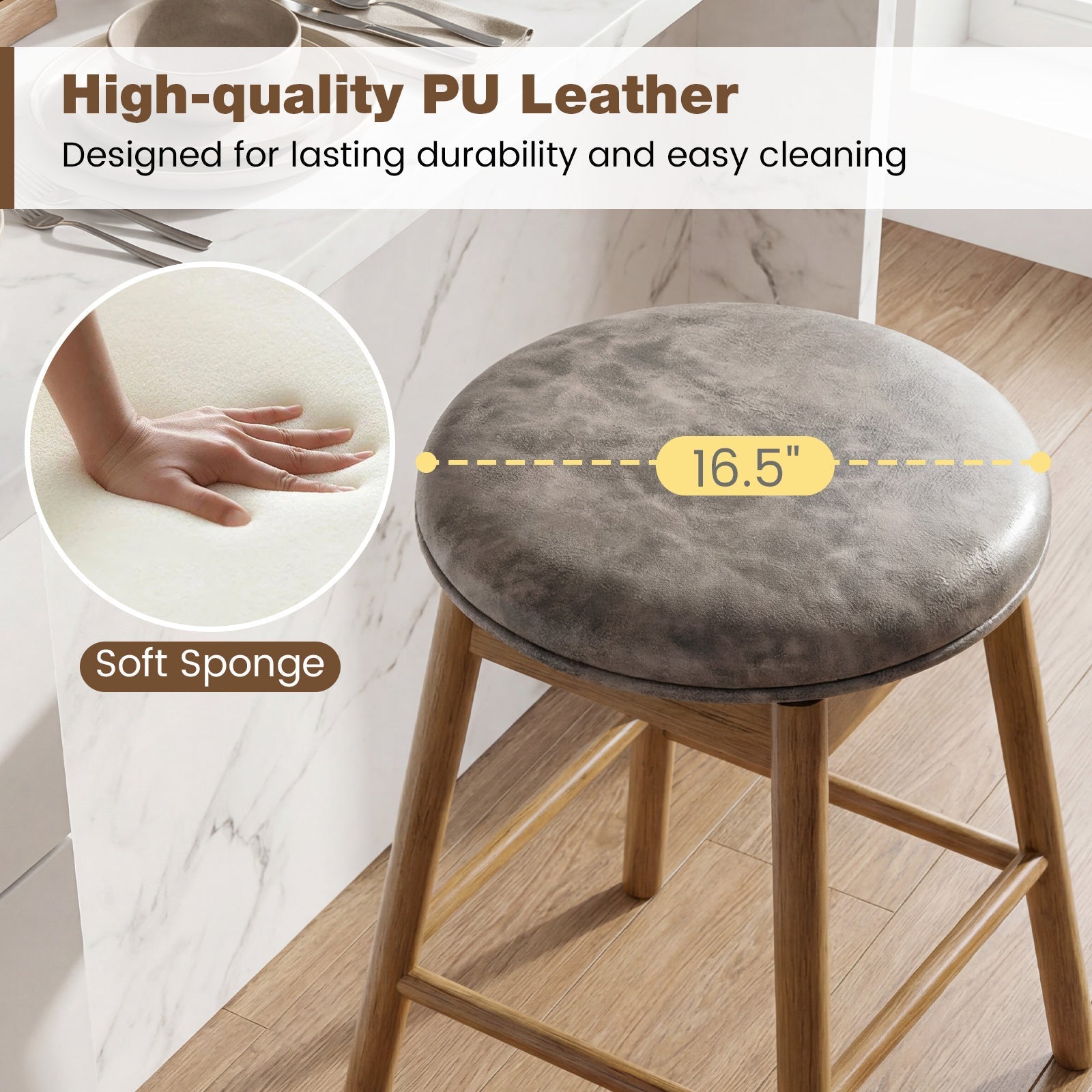 Set of 2 - Swivel Counter Height Barstools with Solid Wood Legs and Footrests