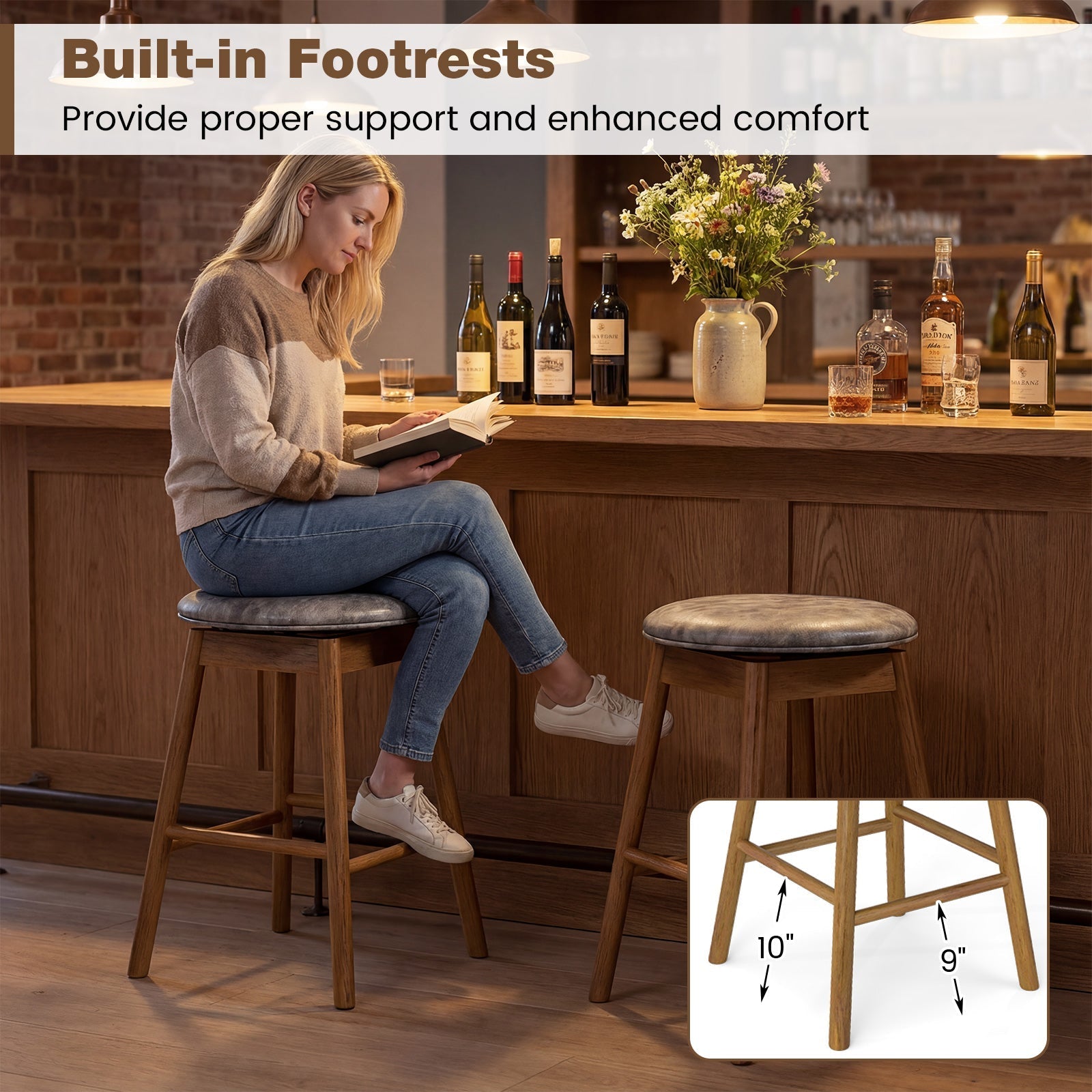 Set of 2 - Swivel Counter Height Barstools with Solid Wood Legs and Footrests