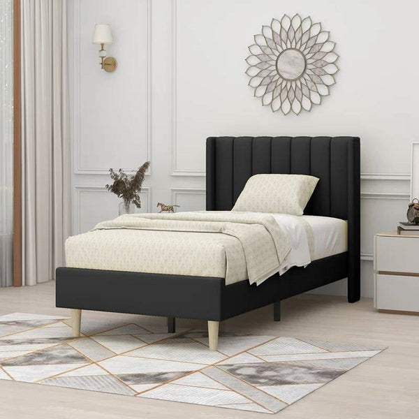 Twin size Mid-Century Black Linen Bed