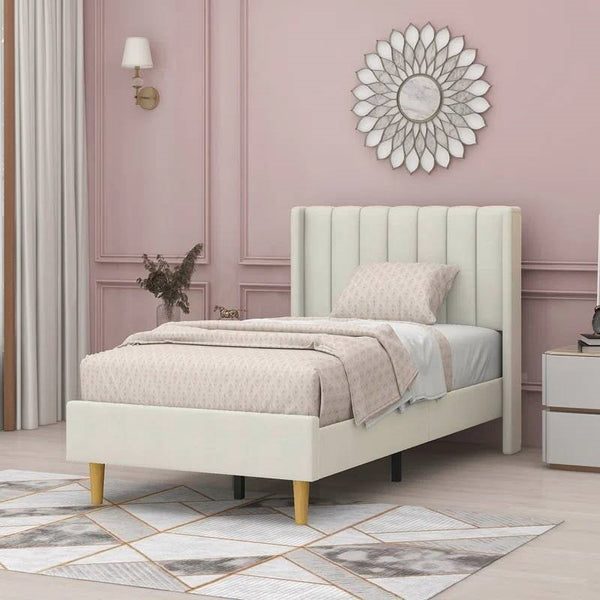 Twin size Bed Frame with Cream Velvet Upholstered Headboard