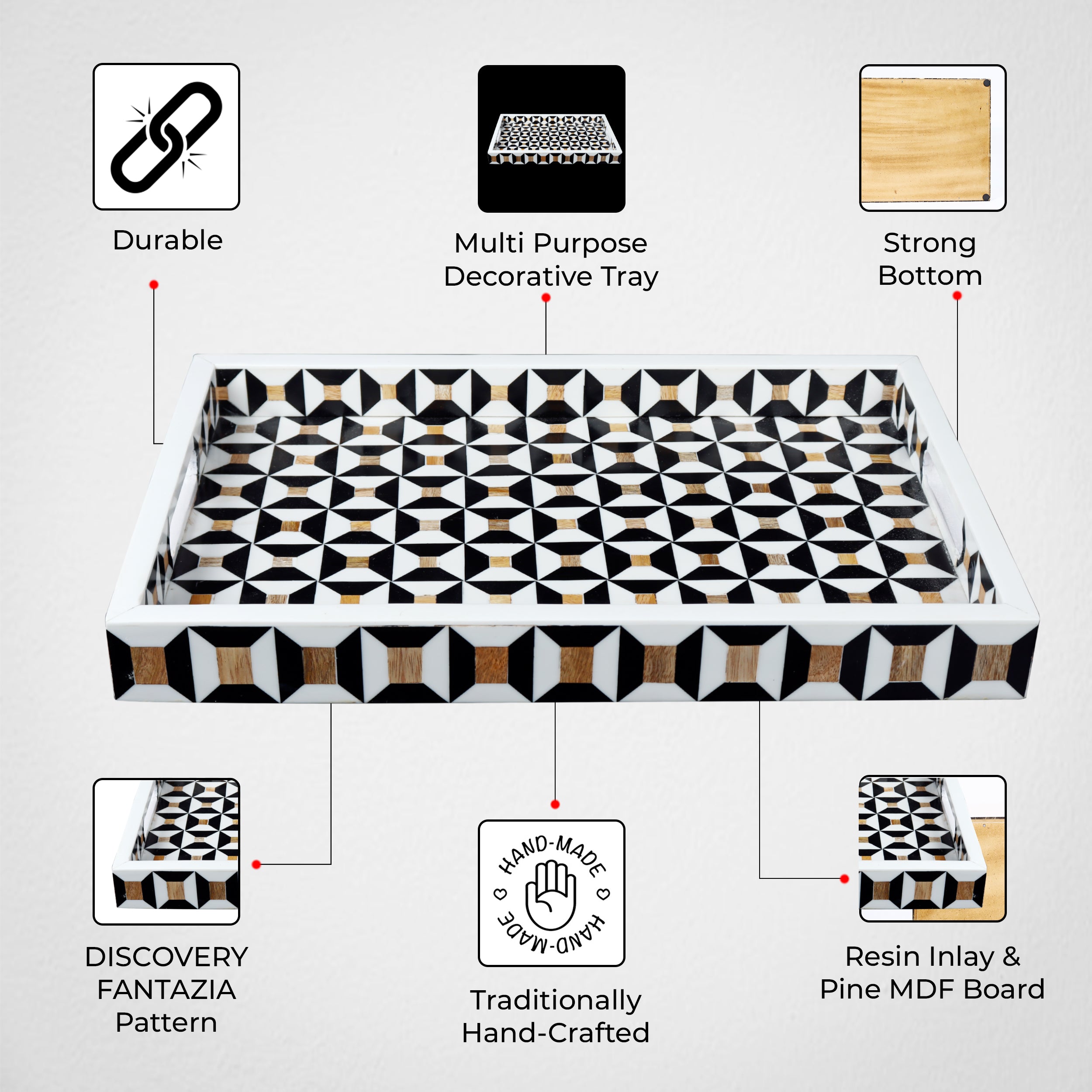 Discovery Cypher Decorative Tray 17x11 & 12x12  Black Ivory Ottoman