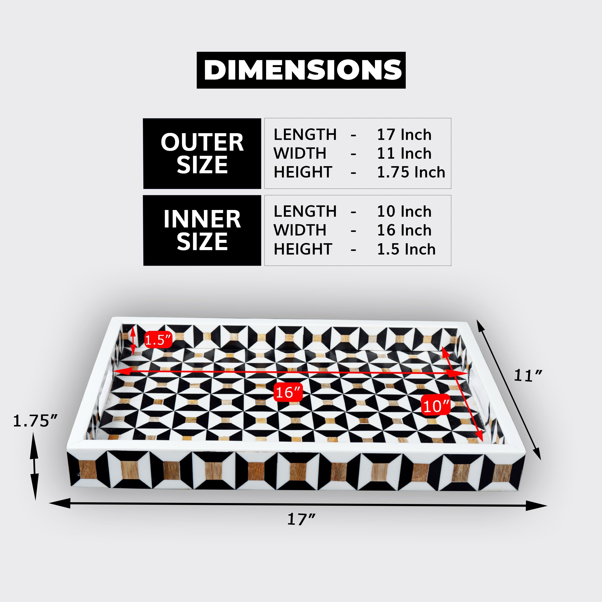 Discovery Cypher Decorative Tray 17x11 & 12x12  Black Ivory Ottoman