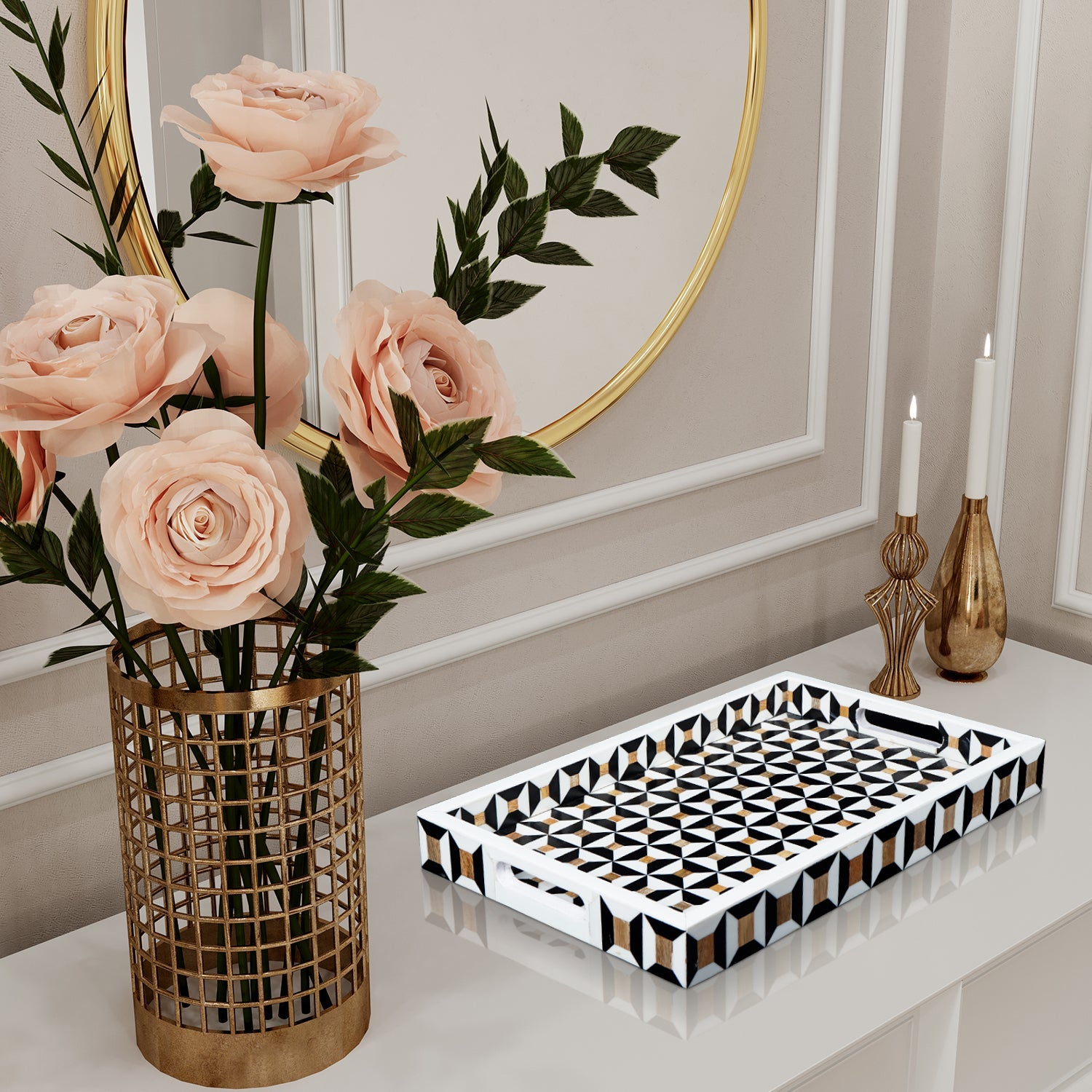 Discovery Cypher Decorative Tray 17x11 & 12x12  Black Ivory Ottoman