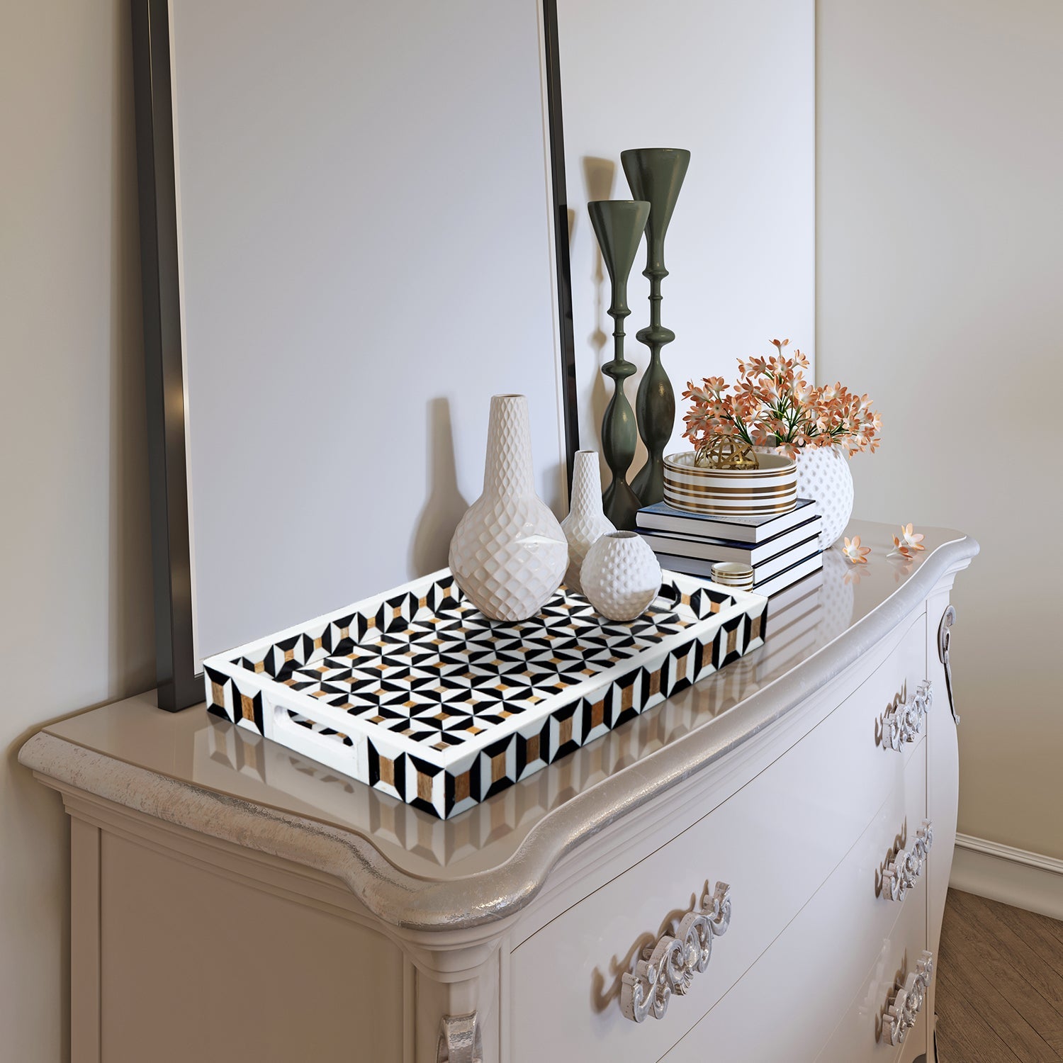 Discovery Cypher Decorative Tray 17x11 & 12x12  Black Ivory Ottoman