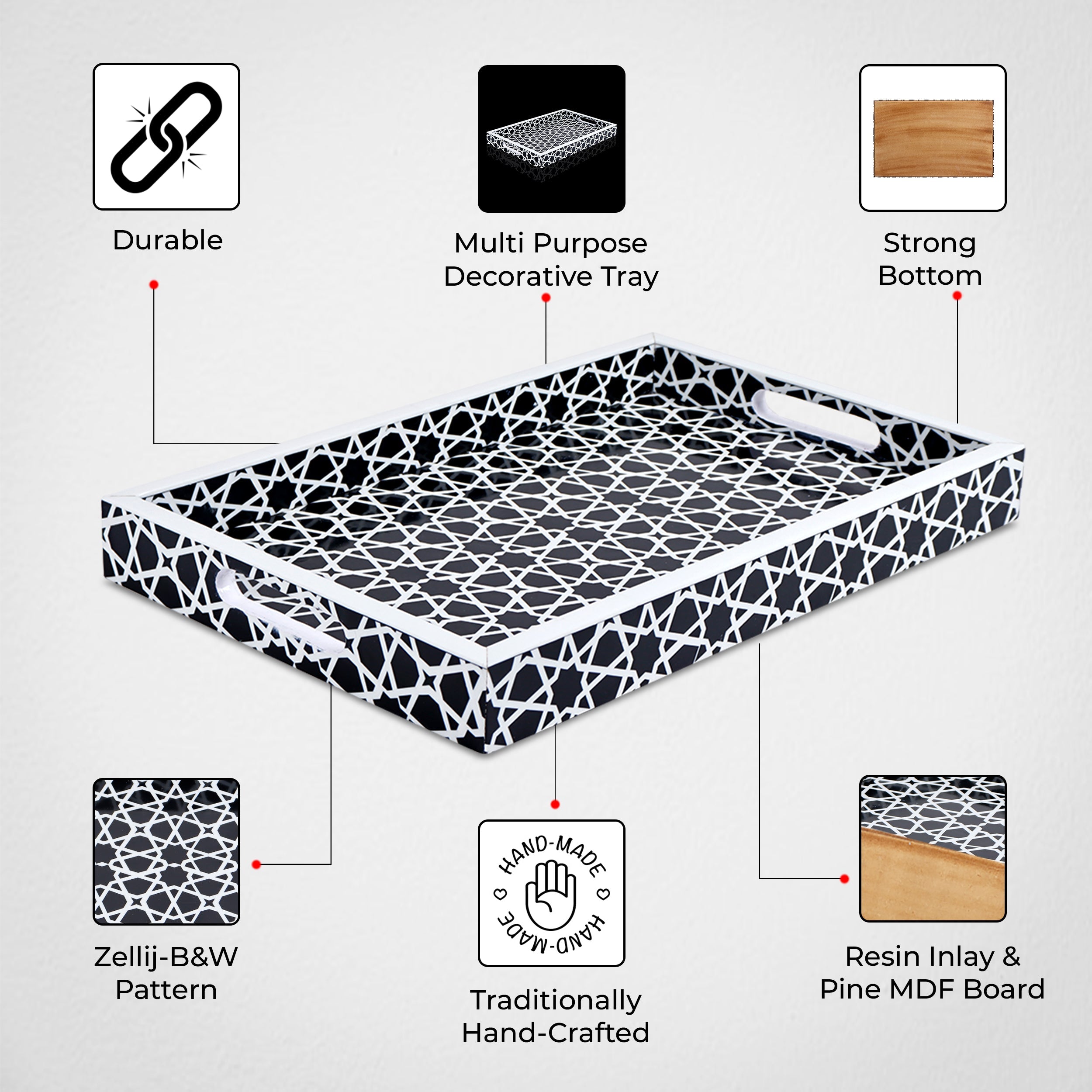 Decorative Tray Zellij Grande Black & White Resin Inlay, 11