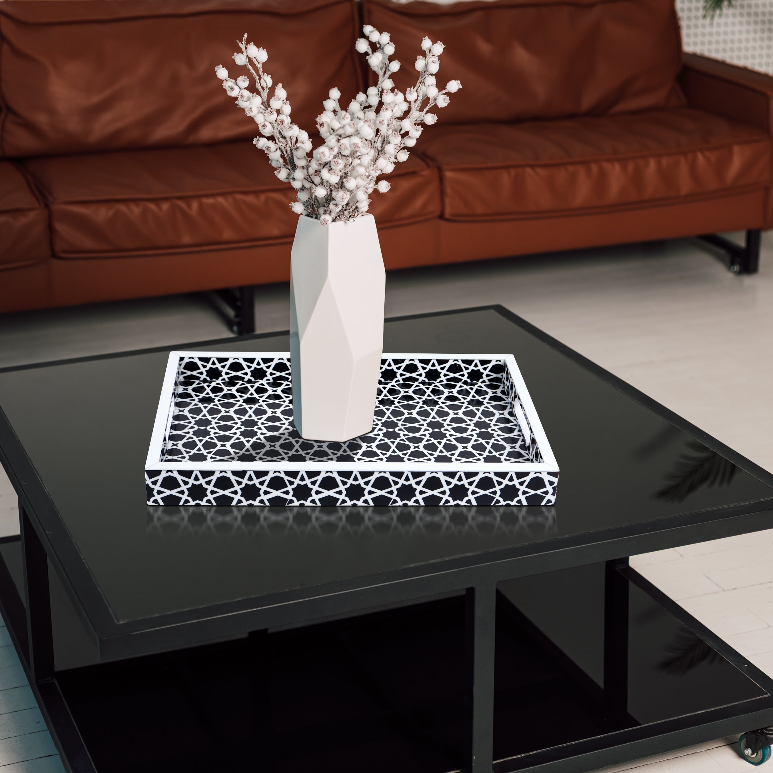Decorative Tray Zellij Grande Black & White Resin Inlay, 11