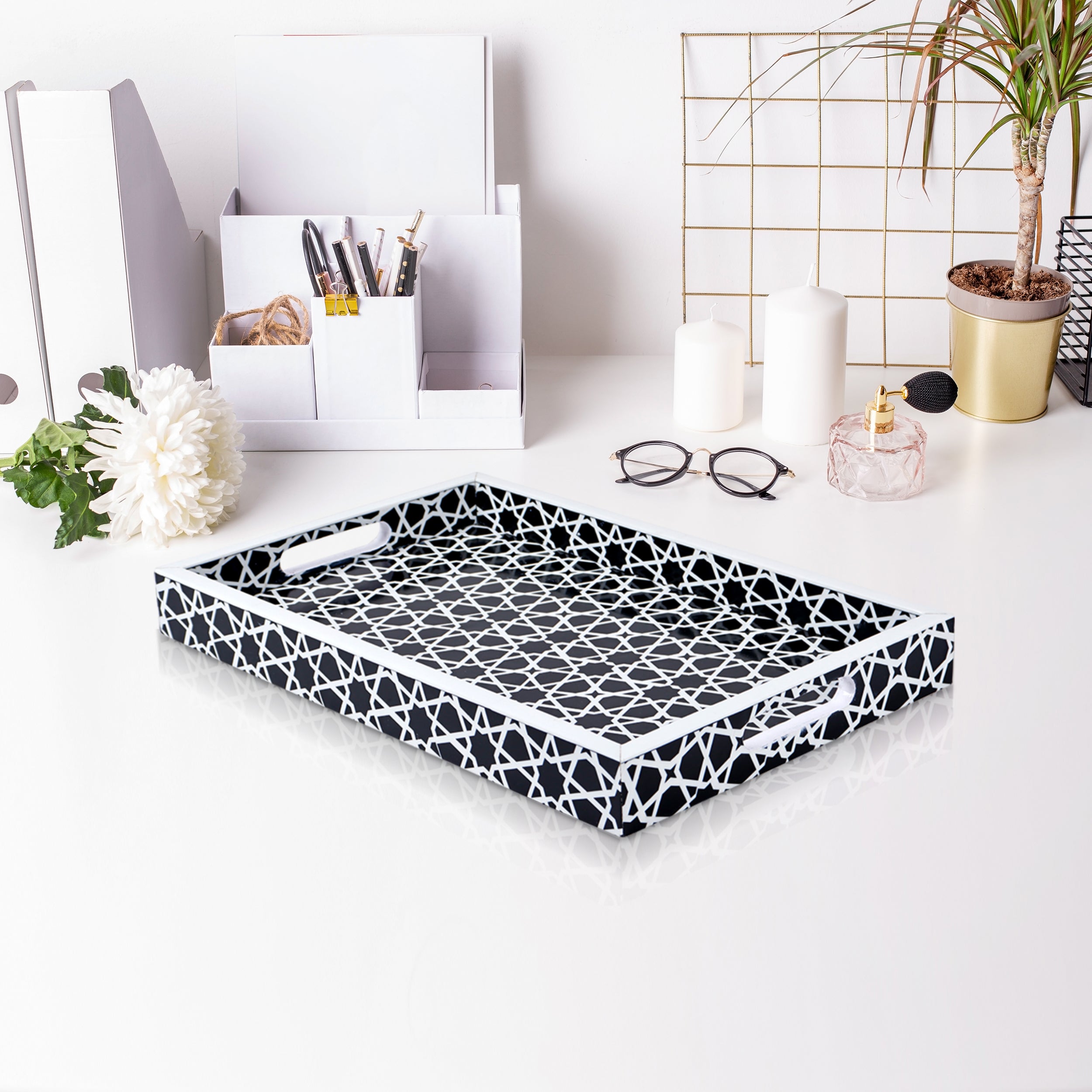 Decorative Tray Zellij Grande Black & White Resin Inlay, 11
