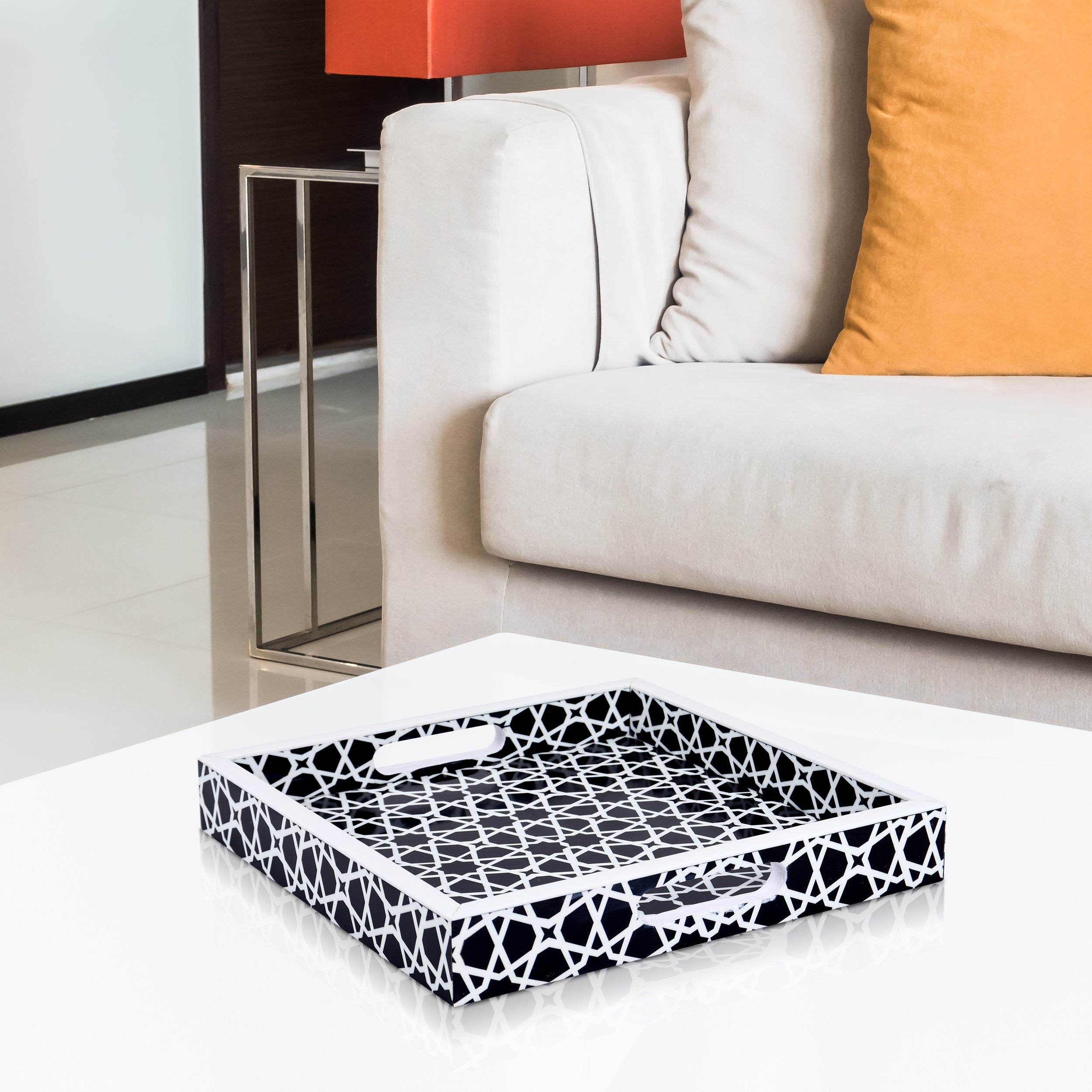 Decorative Tray Zellij Grande Black & White Resin Inlay, 11