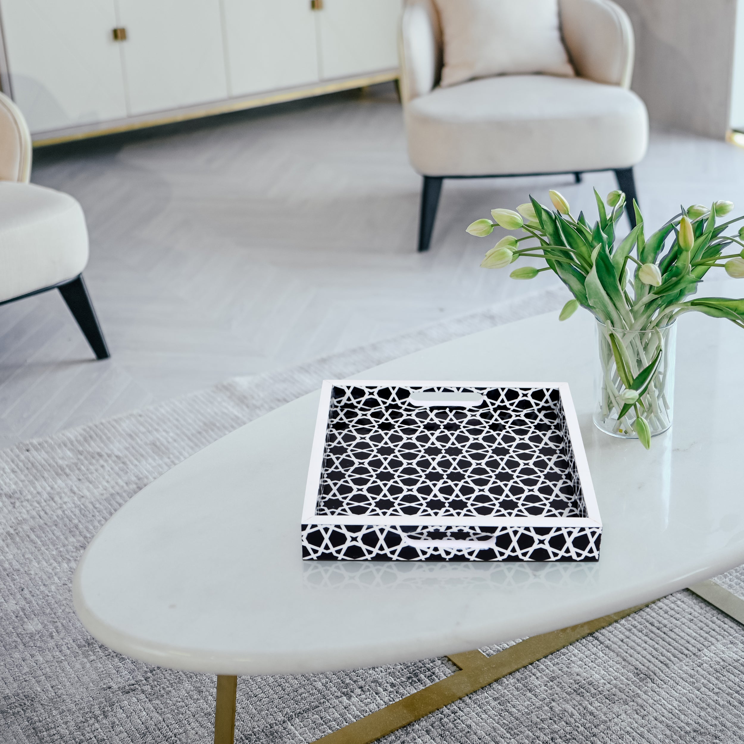 Decorative Tray Zellij Grande Black & White Resin Inlay, 11