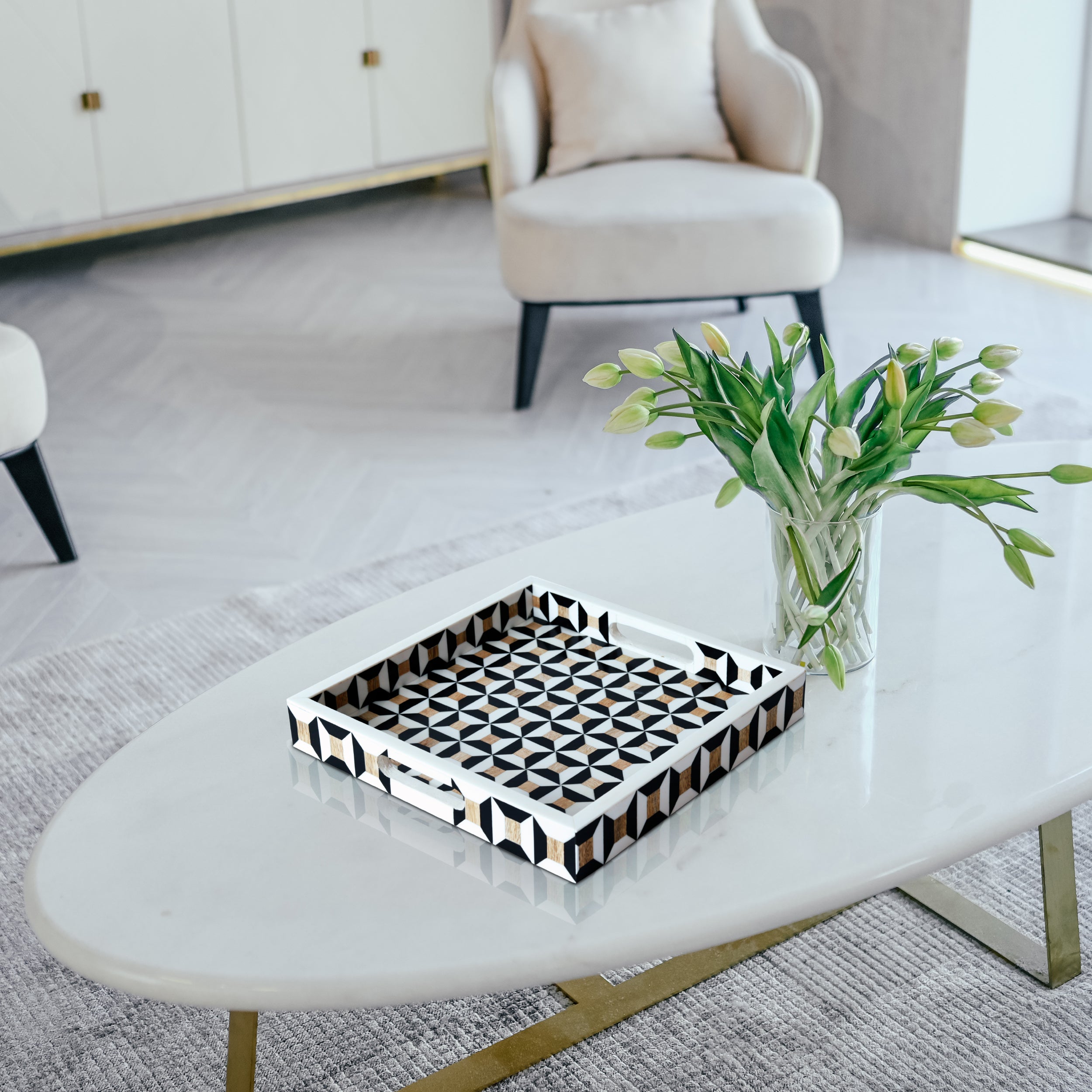 Discovery Cypher Decorative Tray 17x11 & 12x12  Black Ivory Ottoman