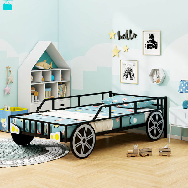 Twin-Size Kids Metal Bed Frame Car-Shaped with Safety Guardrails