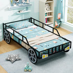 Twin-Size Kids Metal Bed Frame Car-Shaped with Safety Guardrails