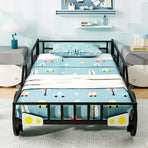 Twin-Size Kids Metal Bed Frame Car-Shaped with Safety Guardrails