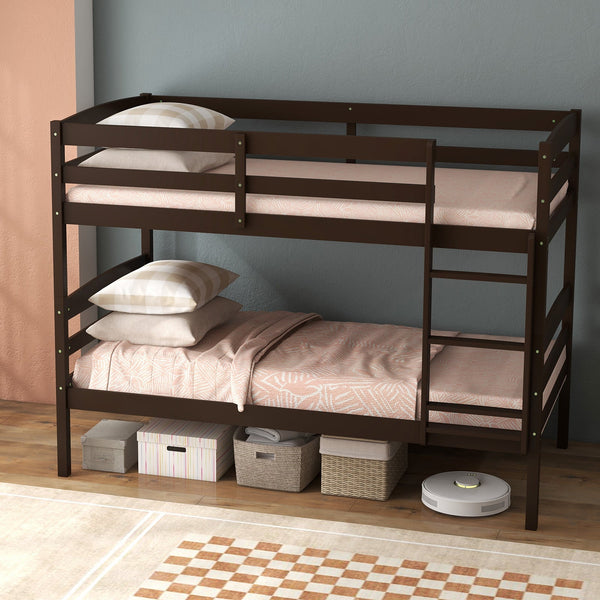 Solid Wood Twin Over Twin Bunk Bed with High Guardrails