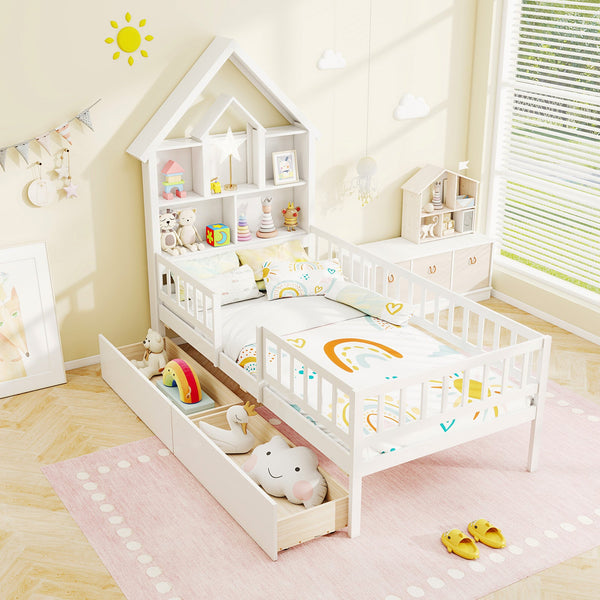 Montessori Twin size Bed with House-Shaped Storage Headboard