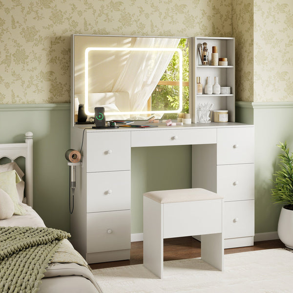 Vanity Desk with Mirror and Lights in White