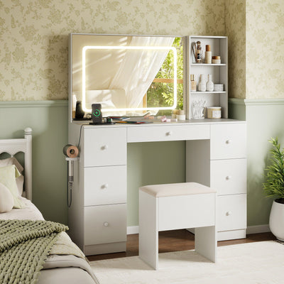 Vanity Desk with Mirror and Lights in White