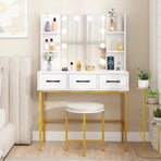Vanity Desk with Mirror and Lights Makeup Table and Cushioned Stool Set-White