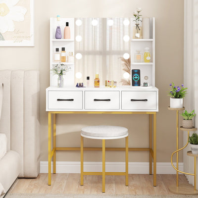 Vanity Desk with Mirror and Lights Makeup Table and Cushioned Stool Set-White