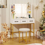 Vanity Desk with Mirror and Lights Makeup Table and Cushioned Stool Set-White
