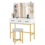 Vanity Desk with Mirror and Lights Makeup Table and Cushioned Stool Set-White