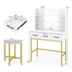 Vanity Desk with Mirror and Lights Makeup Table and Cushioned Stool Set-White