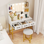 Vanity Desk with Mirror and Lights Makeup Table and Cushioned Stool Set-White
