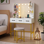 Vanity Desk with Mirror and Lights Makeup Table and Cushioned Stool Set-White