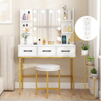Vanity Desk with Mirror and Lights Makeup Table and Cushioned Stool Set-White