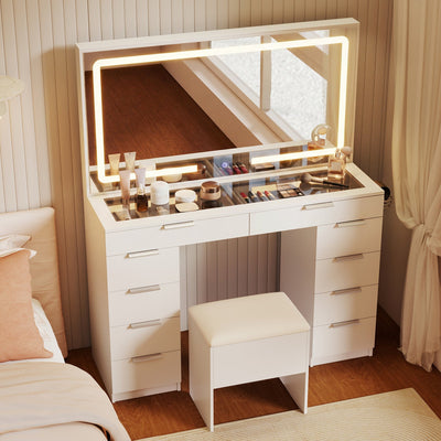 Vanity Desk with Lighted Mirror and Charging Station
