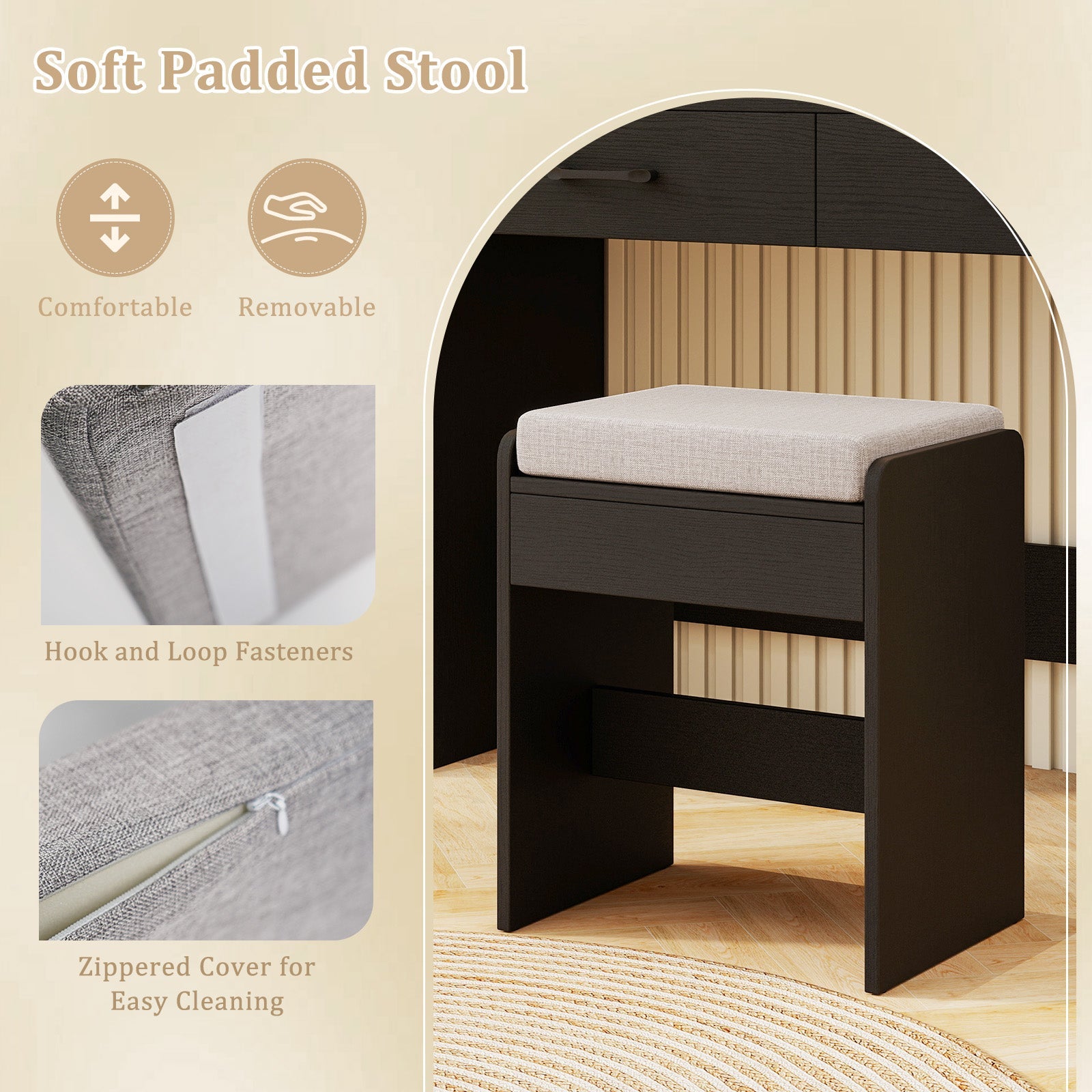 Vanity Set with Lighted Mirror and Stool with Power Outlet