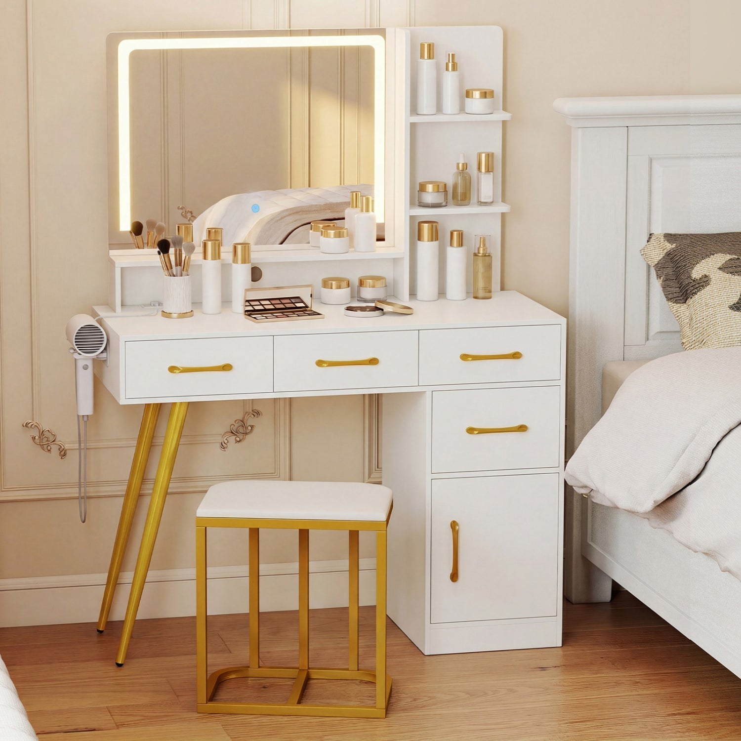 Vanity Set with Mirror and Lights and Table with Adjustable Brightness-White