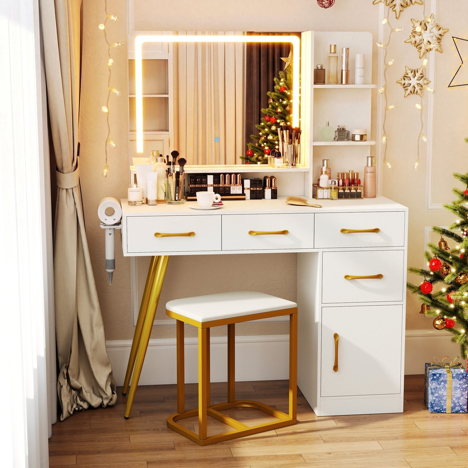 Vanity Set with Mirror and Lights and Table with Adjustable Brightness-White