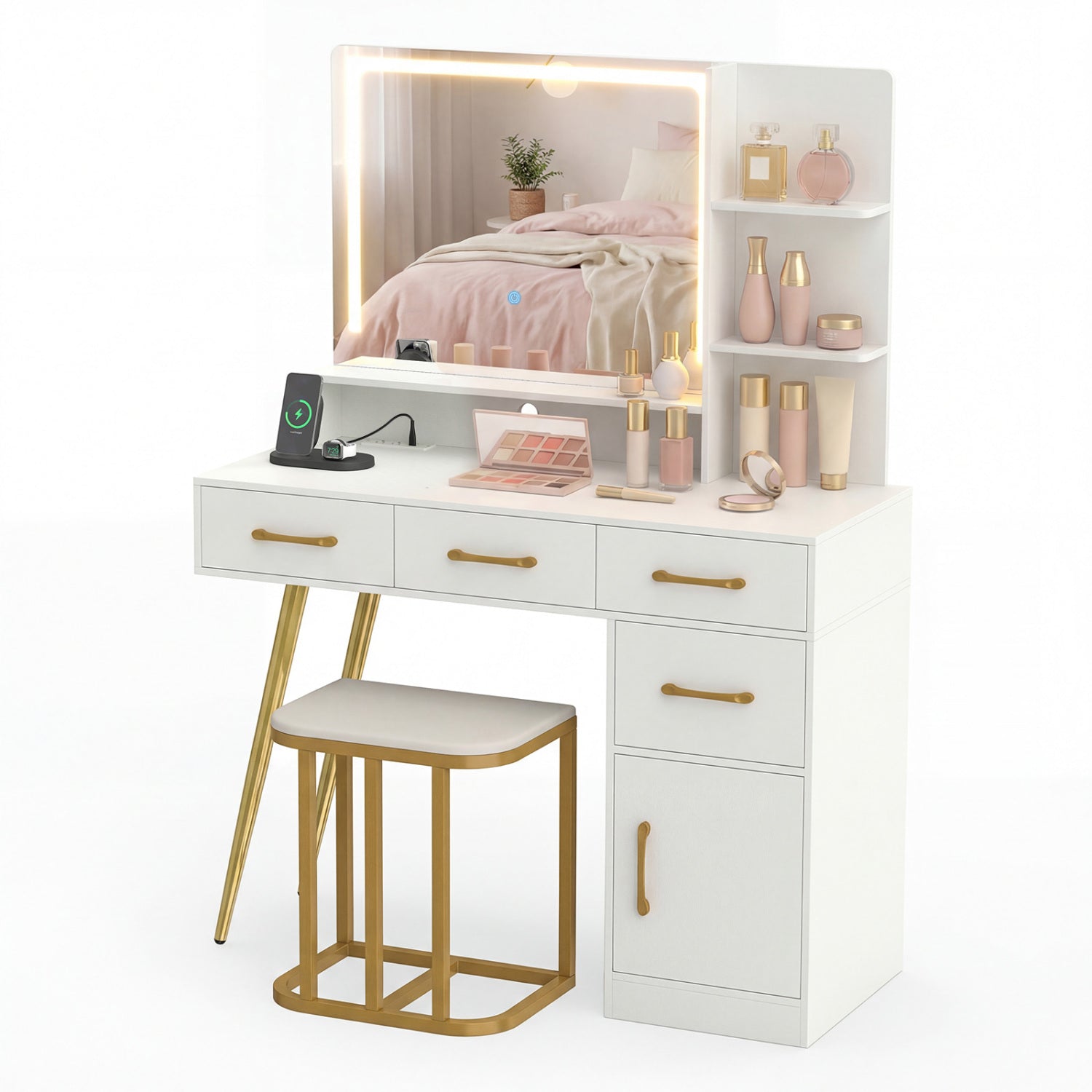 Vanity Set with Mirror and Lights and Table with Adjustable Brightness-White
