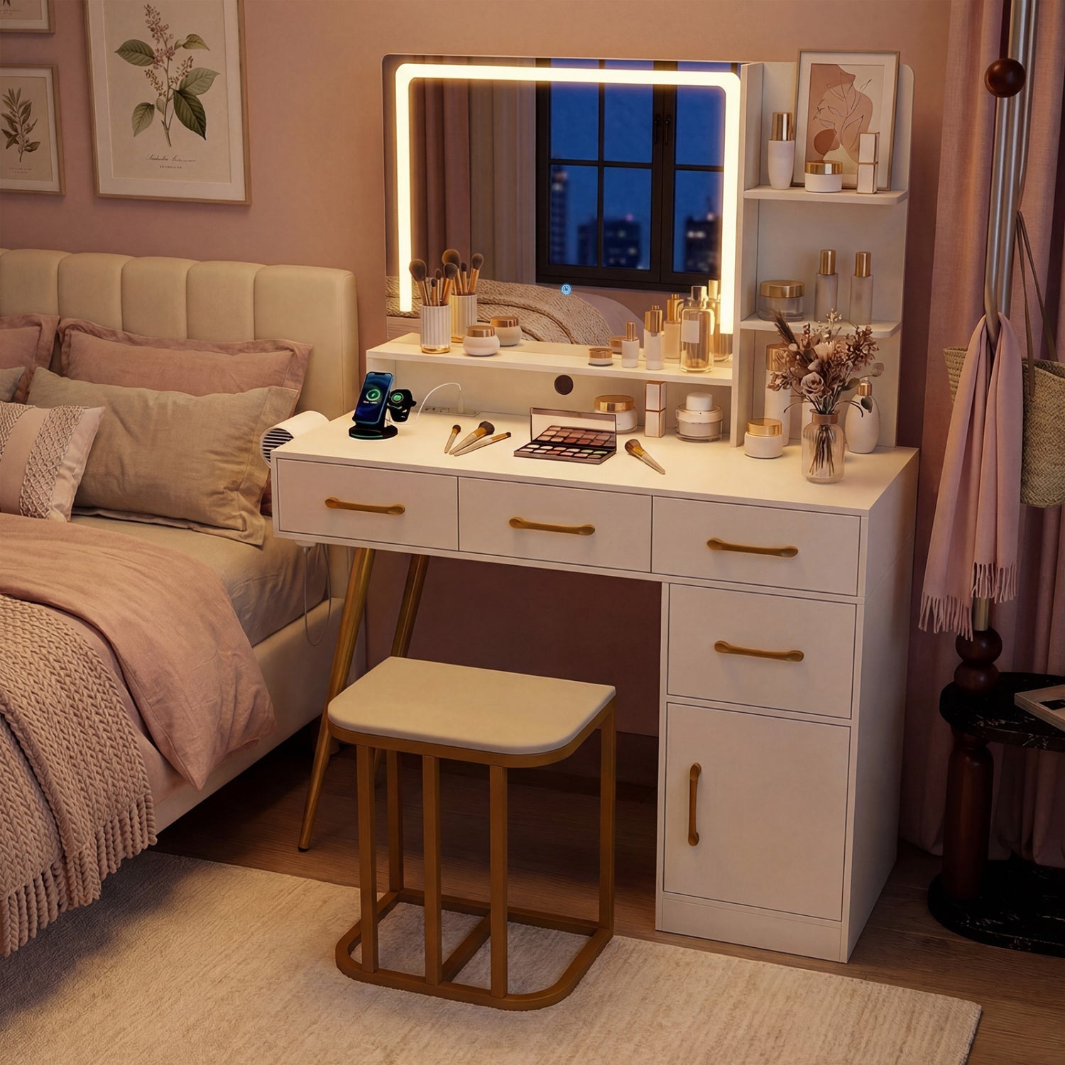 Vanity Set with Mirror and Lights and Table with Adjustable Brightness-White