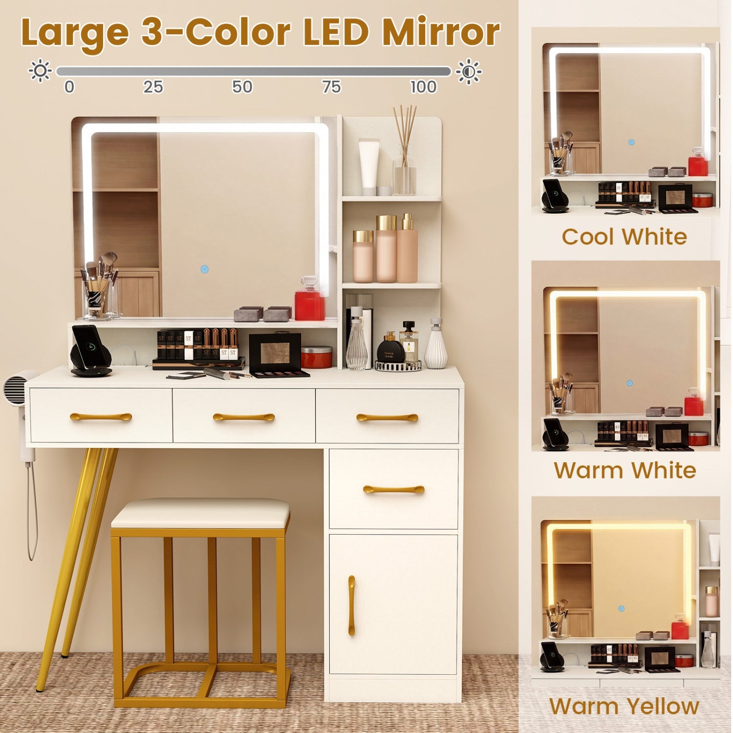 Vanity Set with Mirror and Lights and Table with Adjustable Brightness-White