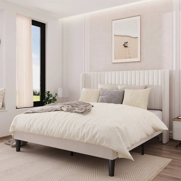Queen size White Velvet Upholstered Bed