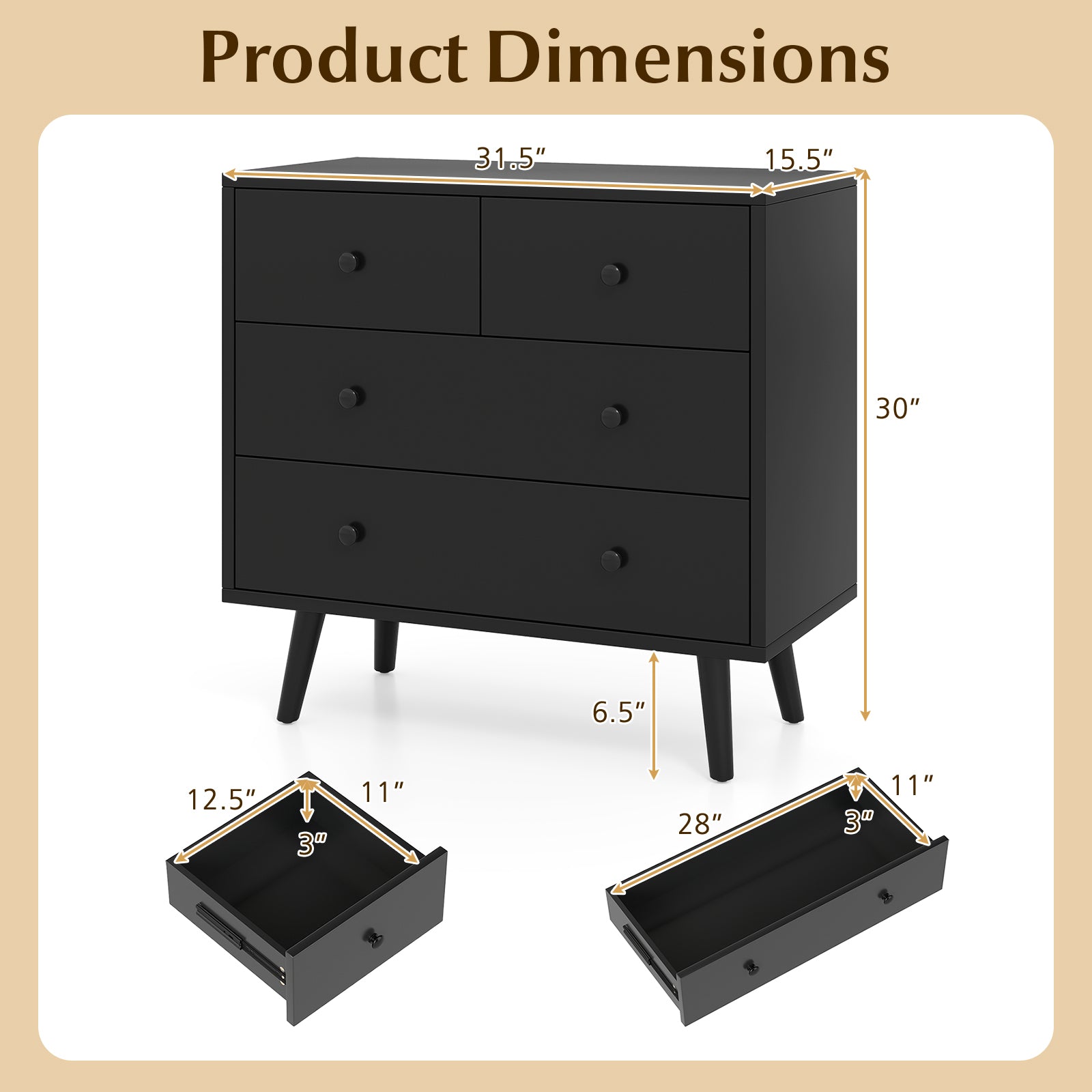 Wide Wooden Dresser with 4 Drawers for Bedroom Living Room