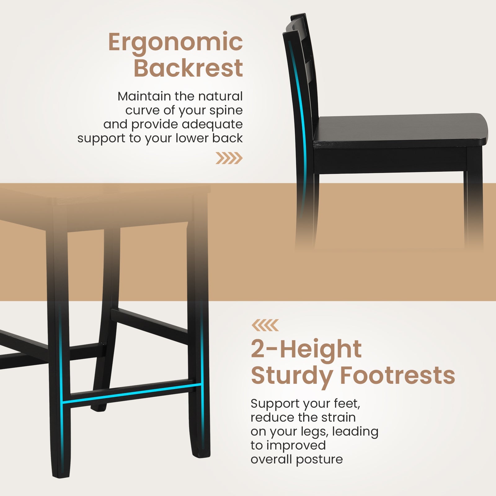 Wooden Bar Stools Set of 2 with Ergonomic Backrest and Footrest